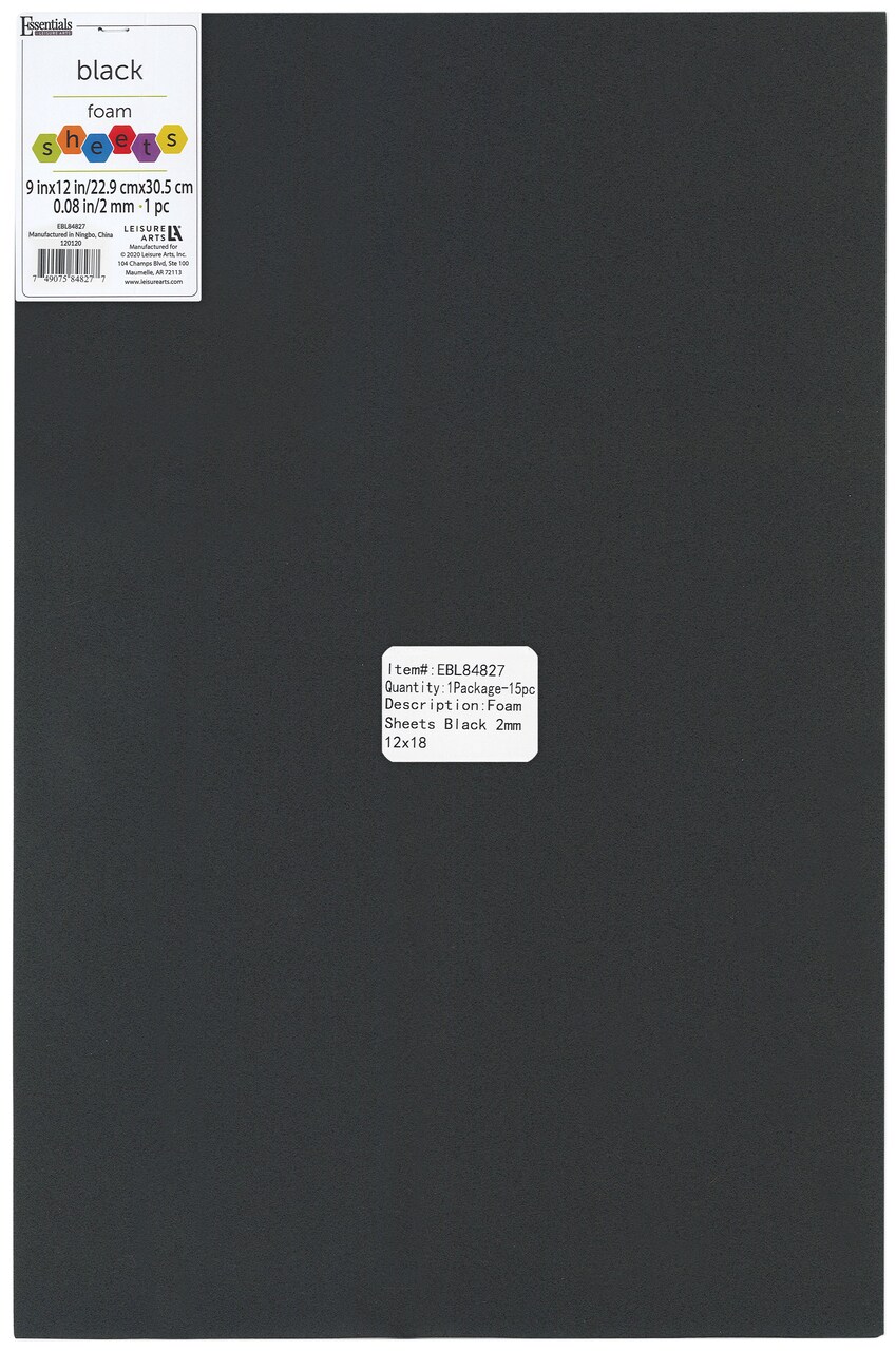 Essentials by Leisure Foam Sheet 12x18 Inch 2mm Black 15-Pack, Crafting Foam, Black Foam Paper, Thin Sheets for DIY Projects, Soft Foam for Crafts, Art Supplies for Adults